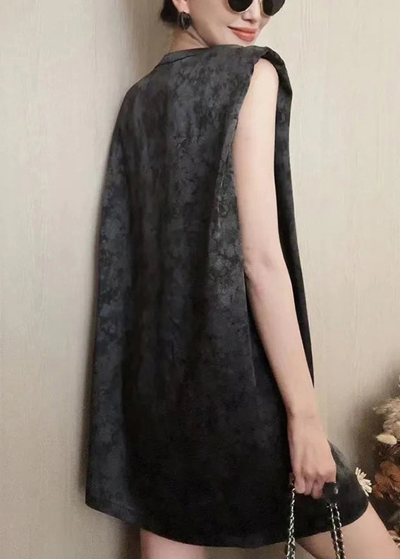 French Black V Neck Tie Dye Cotton Mid Dress Sleeveless QP003 OL-SDM241001