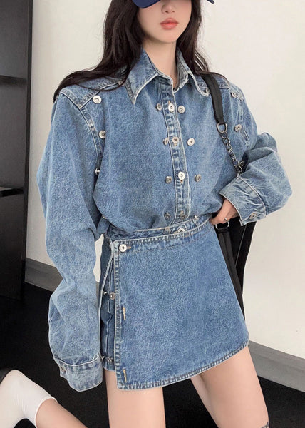 French Blue Peter Pan Collar Button Denim Two-Piece Set Fall EE005 shopify
