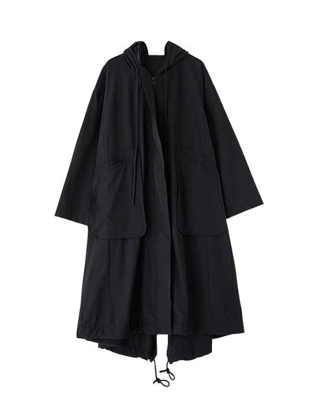 Casual Balck Hooded Pockets Zip-up Drawstring Hem Long Sleeve Trench Coat TW021 ABC