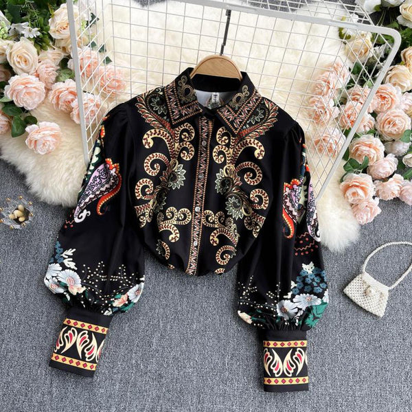 Retro Black Lapel Field Totem Print Buttoned Lantern Sleeve Blouse AR1004 shopify