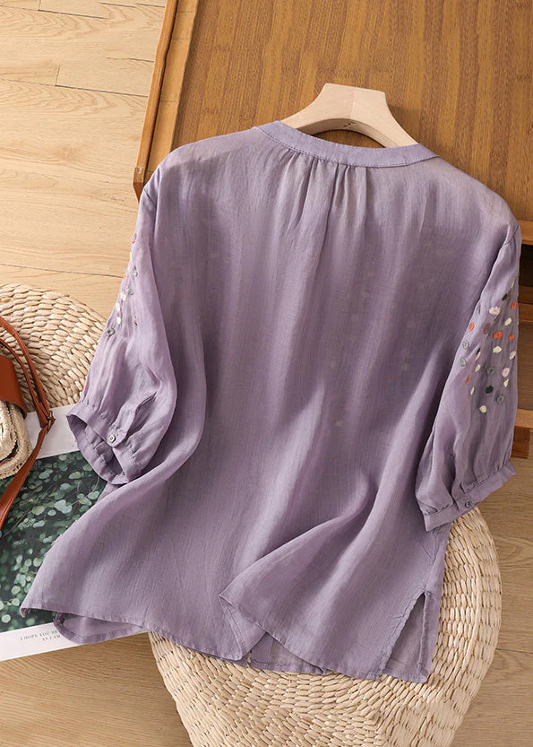 Grace Purple O Neck Embroideried Side Open Linen Blouse Spring QB032 GSK-241025