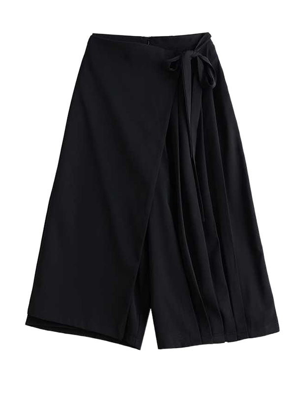 Stylish Black Elasticity High Waisted Asymmetric Tied Patchwork Pleated Ninth Pants WS015 shopify