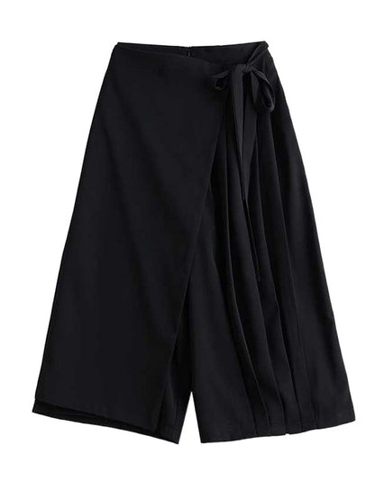 Stylish Black Elasticity High Waisted Asymmetric Tied Patchwork Pleated Ninth Pants WS015 shopify