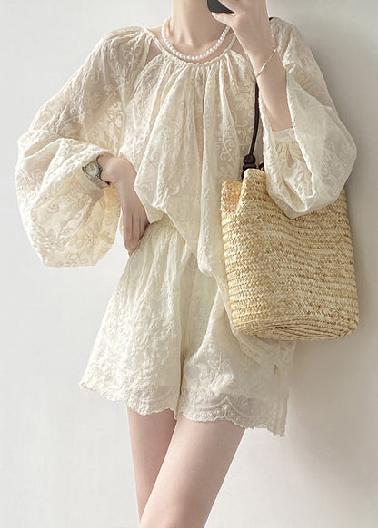 Spring Embroidered And Shorts Set Tops Two Piece Beige Art Cotton FashionChic