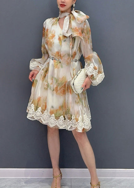 2024 New Stylish Printed Lace Up Mid Dress Long Sleeve AO1021 JDML-FDM240909