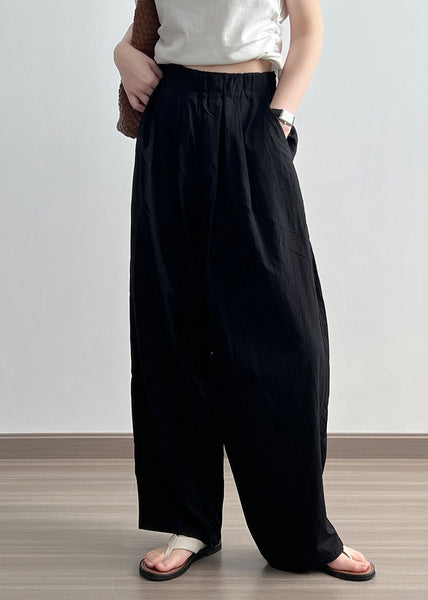 Black Pockets Cotton Wide Leg Pants Elastic Waist Wrinkled Fall AF1079 HS-LPTS240914