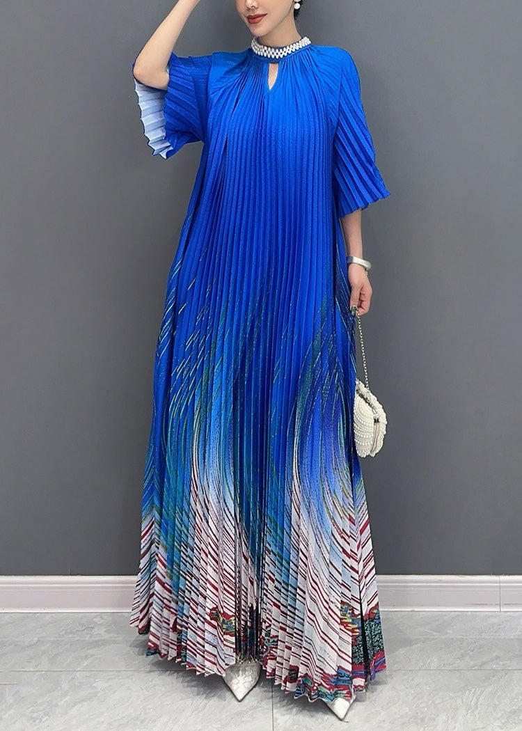 Unique Blue Stand Collar Print Wrinkled Long Dress Summer AO1002 JDML-SDL240909