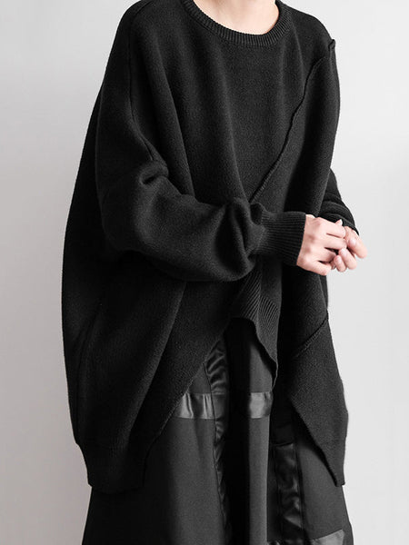 Original Loose Black Round-Neck Batwing Sleeve Irregular Hem Knit Sweater AN1037 Genistyle Shop