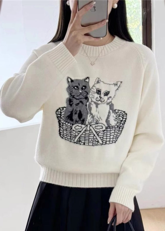New White O Neck Animal Cozy Knit Sweaters Fall QC028 shopify