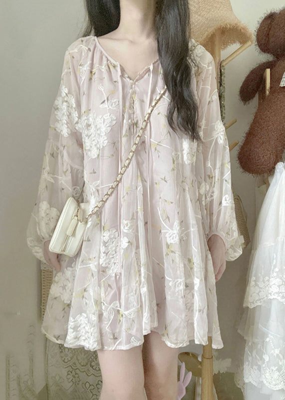 Chic Apricot V Neck Embroidered Silk Mid Dress Lantern Sleeve NN039 shopify