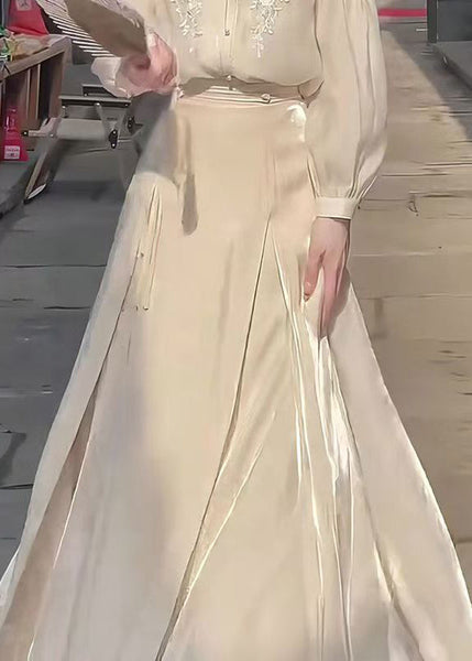 New Apricot Side Open High Waist Patchwork Silk Skirts Fall QP040 OL-SKTS241001