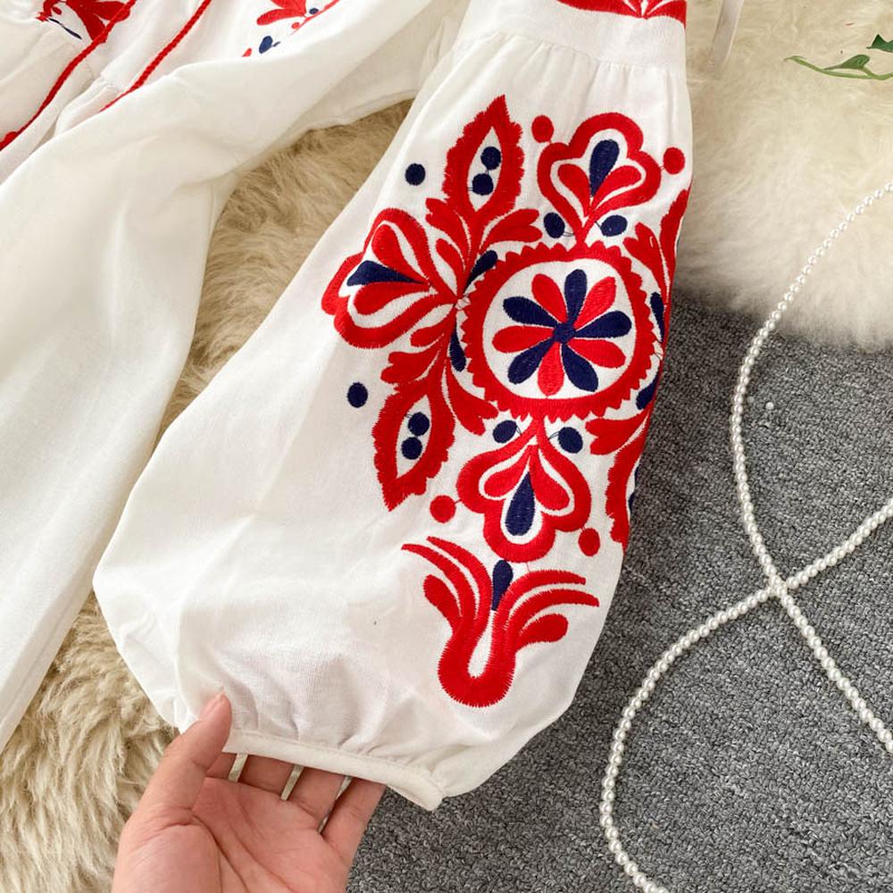 Bohemian Navy O-Neck Lacing Embroidered Flower Lantern Sleeve A-line Dress AR1011 shopify