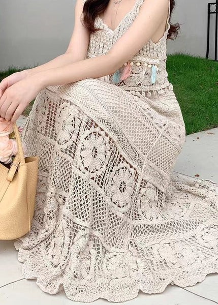 Hollow Loose Skirts Waist Out Apricot Summer Elastic FashionChic