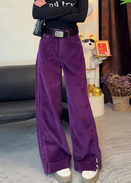 Corduroy High Simple Waist Side Purple Straight Spring Pants Open FashionChic