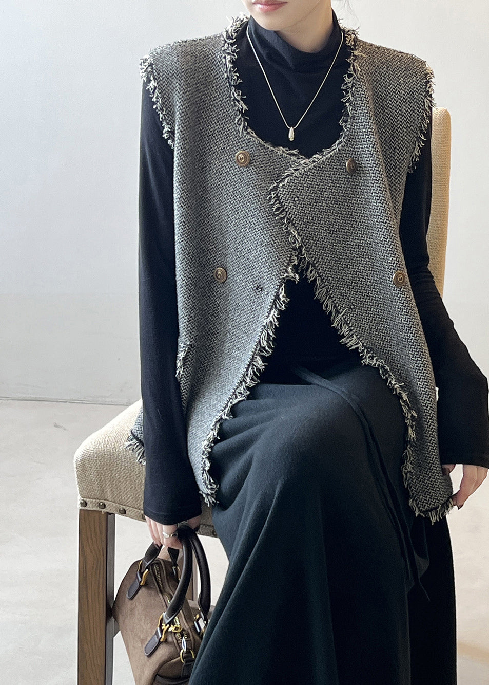Chic Grey Tasseled Double Breast Knit Vest Sleeveless AF1053 HS-VTP240914