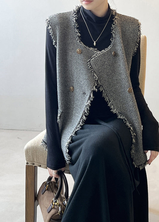 Chic Grey Tasseled Double Breast Knit Vest Sleeveless AF1053 HS-VTP240914