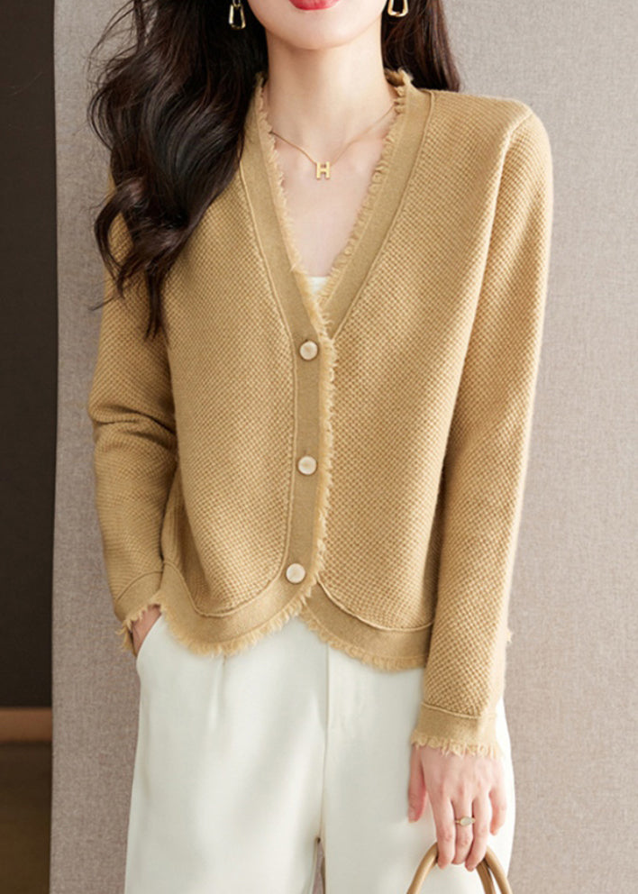New Beige V Neck Button Solid Wool Knit Cardigan Fall RY020 ABC