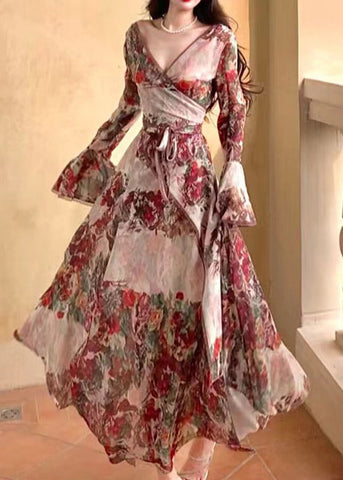 French V Neck Printed Tie Waist Cotton Dress Flare Sleeve TT1039 shopify