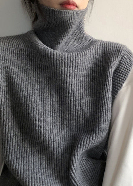 French Grey Hign Neck Versatile Knit Vest Sleeveless AF1090 HS-VTP240914