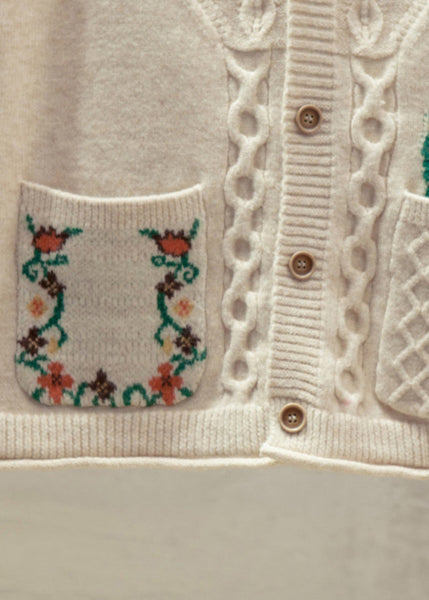 Natural Yellow V Neck Floral Cotton Knitted Waistcoat Fall QP014 OL-NTP241001