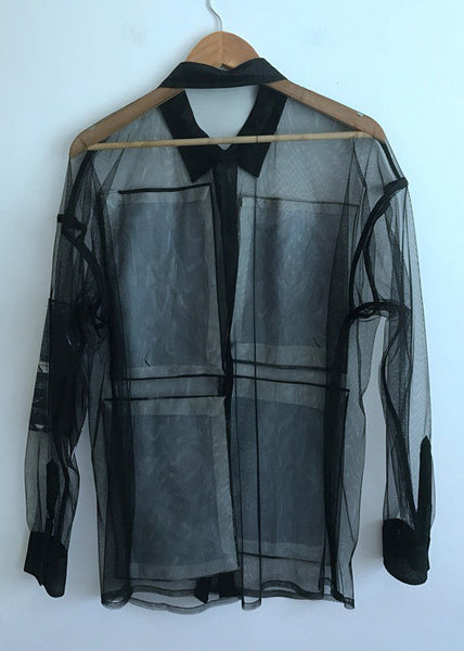 Women Black Print Button Tulle Blouse Summer NN005 shopify