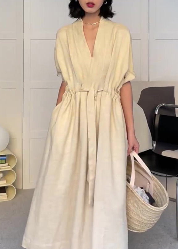 Modern Neck Cotton Beige Pockets V Drawstring Summer Dress FashionChic