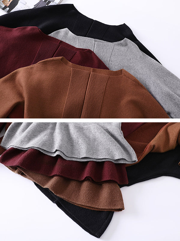 Elegant Red Boat Neck Tunic Ruffled Hem Long Sleeve Sweater AN1040 Genistyle Shop