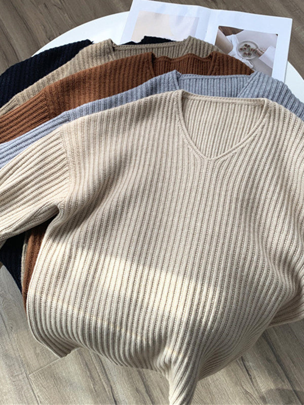 Vintage Caramel V-Neck Long Sleeves Striped Knit Sweater QX001 shopify