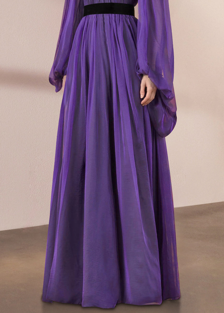 Stand Silk Wrinkled Italian Purple Long Dresses Lantern Collar FashionChic