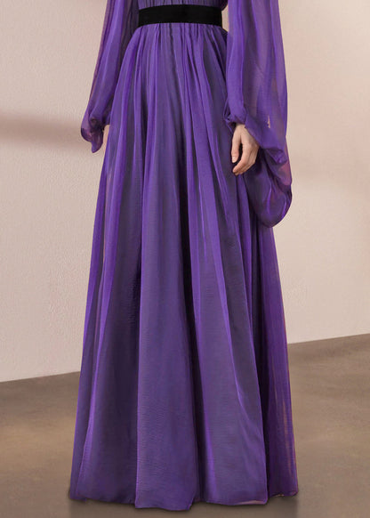 Stand Silk Wrinkled Italian Purple Long Dresses Lantern Collar FashionChic