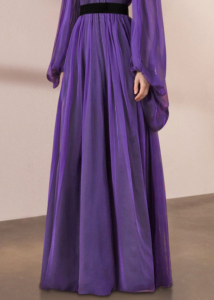 Stand Silk Wrinkled Italian Purple Long Dresses Lantern Collar FashionChic