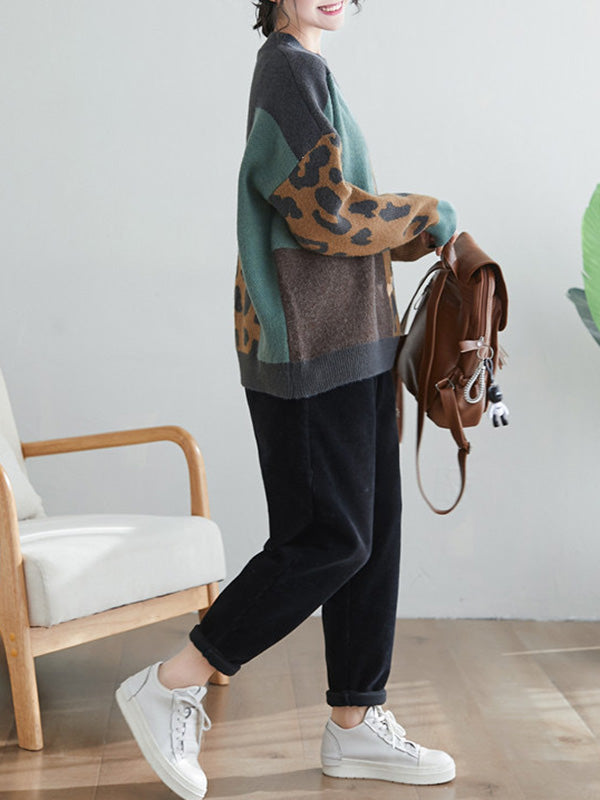 Original Brown Round-Neck Contrasting Color Blocks Leopard Long Sleeve Sweater AN1048 Genistyle Shop