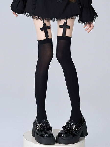 White/Black Cross Stockings Gothic Suspender FashionChic