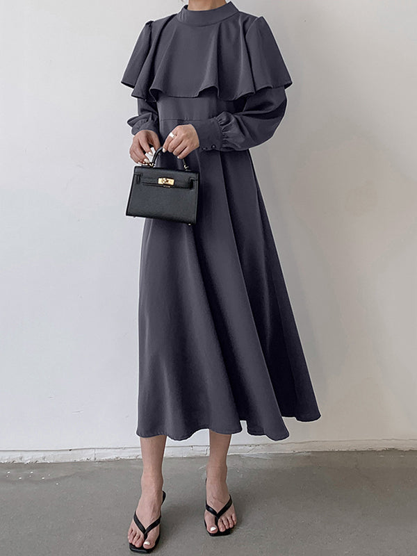 Ruffle Waist Long Mock Tied A-Line Elegant Trim Neck Coffee FashionChic