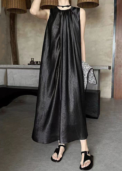 French Apricot O-Neck Solid Silk Long Dress Sleeveless EE036 shopify