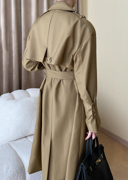Loose Khaki Pockets Tie Waist Cotton Trench Coat Long Sleeve AF1093 HS-TCT240914
