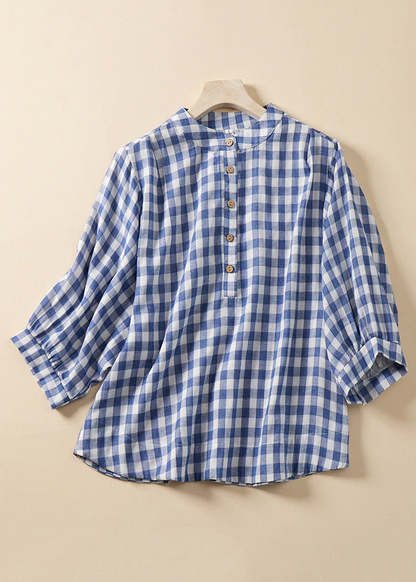 Grace Blue Plaid Stand Collar Cotton Blouses Bracelet Sleeve QR023 GSK-240929