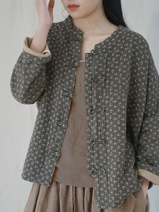 Women Ethnic Autumn Floral Button-up Cotton Coat AS1036 MH