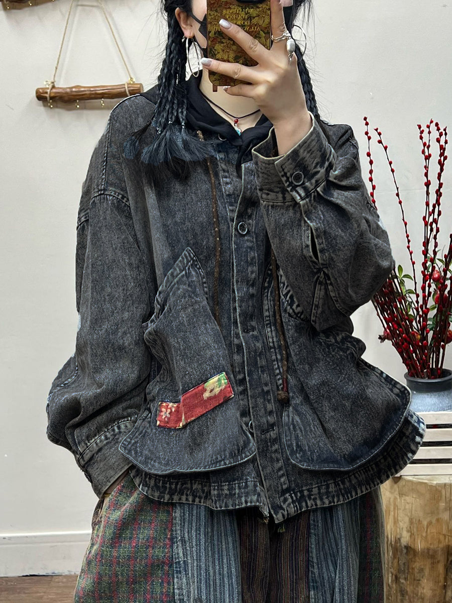 Women Spring Retro Irregular Patch Pocket Denim Coat AT1031 LN