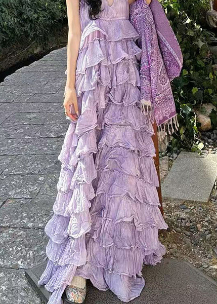 Dresses Maxi Sexy Neck Sleeveless Cotton Purple V Backless FashionChic