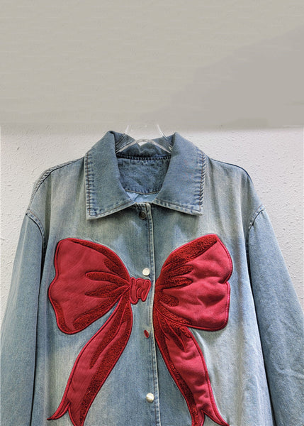Denim Peter Pan Spring Coat New Button Collar Bow Blue FashionChic