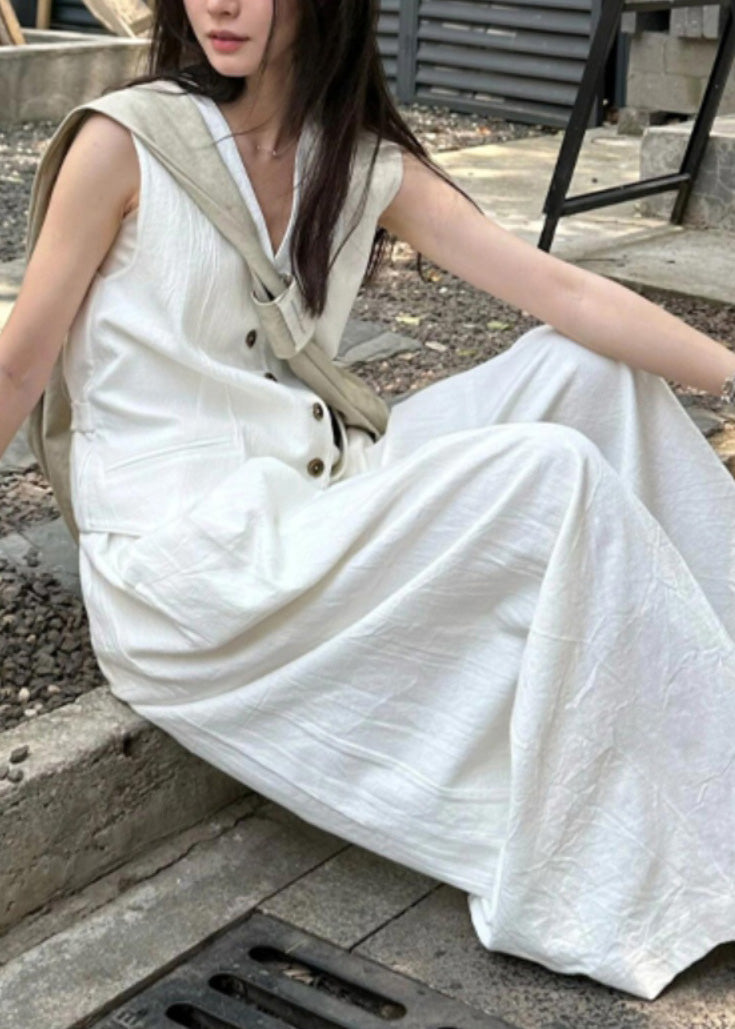 Vogue White V Neck Button Linen Waistcoat And Wide Leg Pants Two Piece Set Summer AN1030 Genistyle Shop