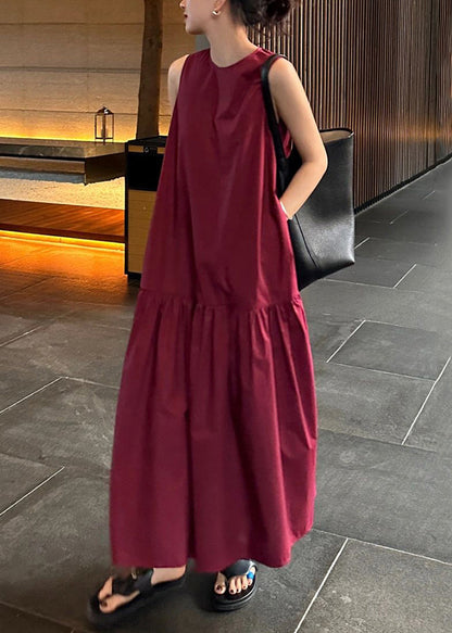 Wine Dresses Cotton Solid Pockets Long Red Wrinkled Simple FashionChic