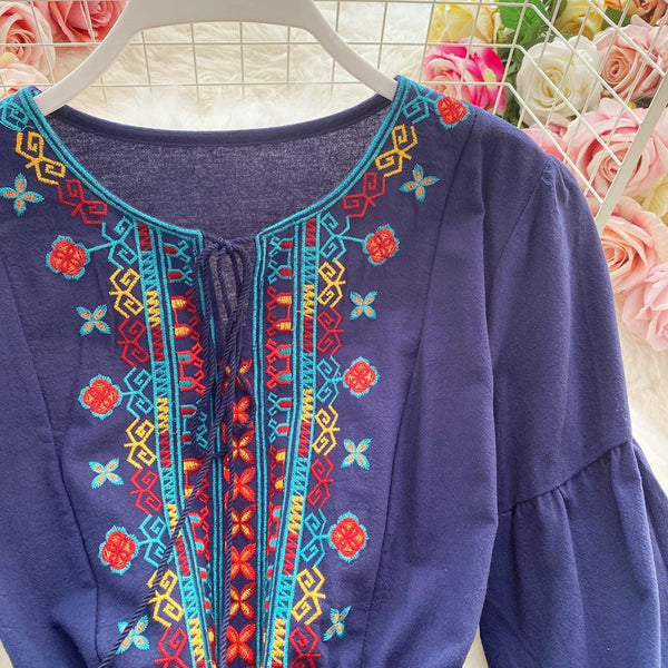 Ethnic Yellow Crew-neck Embroidery Raglan Long Puff Sleeve A-line Dress AR1006 shopify