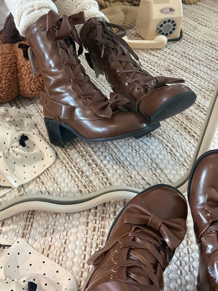 Mid-Calf Lolita Mid-heel Scalloped Brown Edge with Sweet Boots Detail Bow FashionChic
