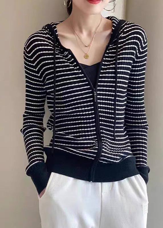 Loose White Zippered Patchwork Striped Wool Knit Hooded Cardigans Fall QP021 OL-NCT241001