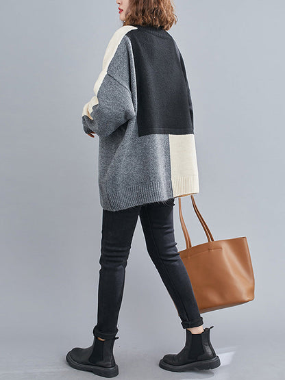 Stylish Grey High-Neck Color-block Long Sleeve Knit Sweater AN1043 Genistyle Shop