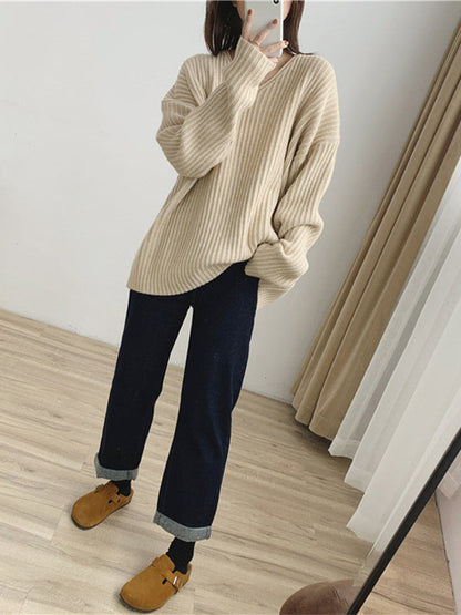 Vintage Caramel V-Neck Long Sleeves Striped Knit Sweater QX001 shopify