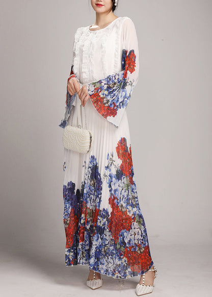 Fashion White O-Neck Ruffled Patchwork Tie Waist Chiffon Long Dress Long Sleeve AO1034 JDML-FDL240909