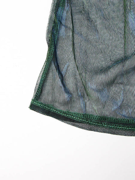 Denim Shiny Waisted Skirt A-Line Green Belted Chic High Tulle FashionChic